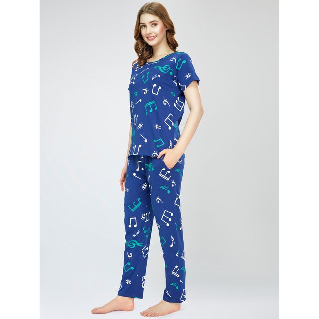 Zeyo Night Suit for Women Blue Musical Note Print Cotton Night Dress of Top & Pajama Set 5777-BE- L
