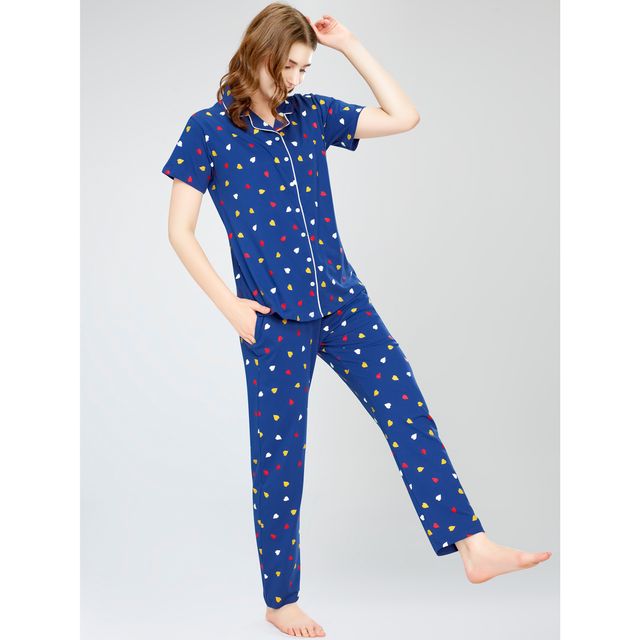 Zeyo Night Suit for Women Blue Heart Printed Cotton Night Dress | Shirt & Pajama Set 5749-BE- XL