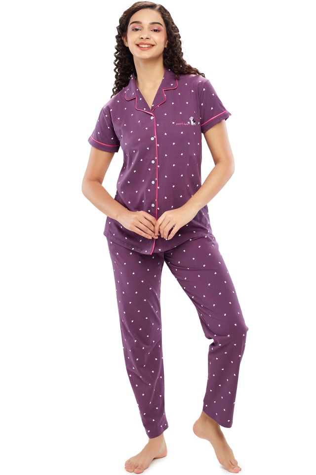 Zeyo Women's Cotton Heart Printed Stylish Night Suit Set of Shirt & Pyjama | 5612 Purple-XL