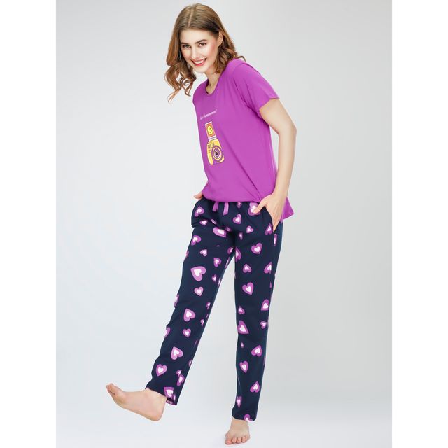 Zeyo Night Suit for Women Pink Heart Printed Cotton Night Dress of Top & Pajama Set 5771-PK- XL