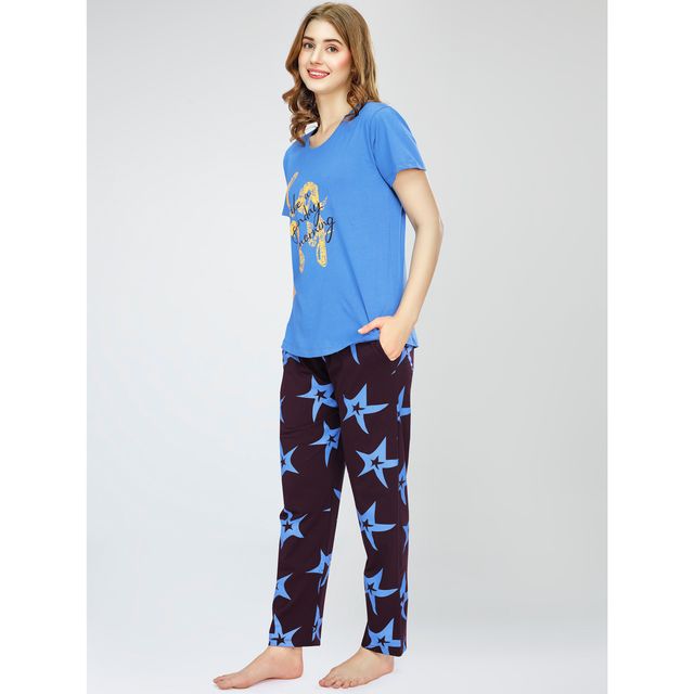 Zeyo Night Suit for Women Blue Star Printed Cotton Night Dress of Top & Pajama Set 5773-BE- XXL