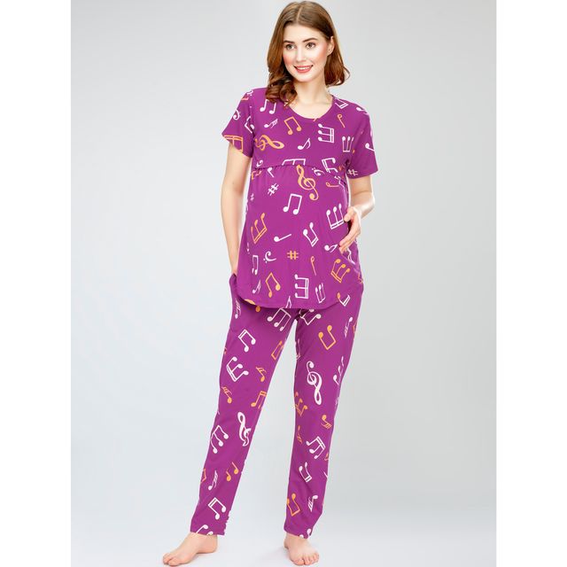 Zeyo Women Cotton Musical Notes Printed Purple Maternity Set | Top & Pyjama 5802-PP- XXL