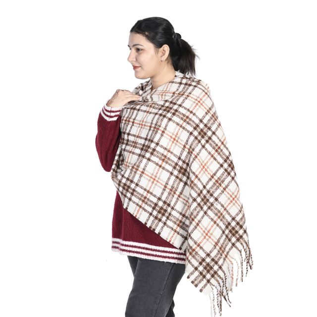 Calvadoss Checked Stole With Fringed Border | STL1516 | White and Brown