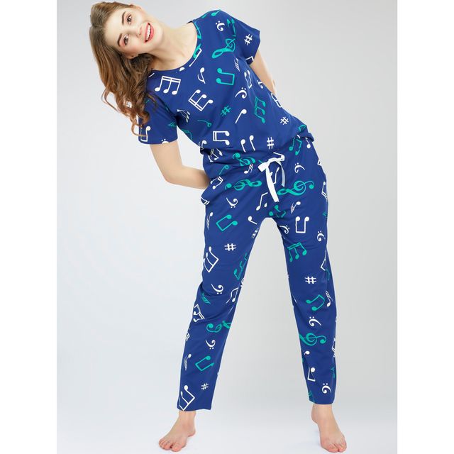 Zeyo Night Suit for Women Blue Musical Note Print Cotton Night Dress of Top & Pajama Set 5777-BE- L