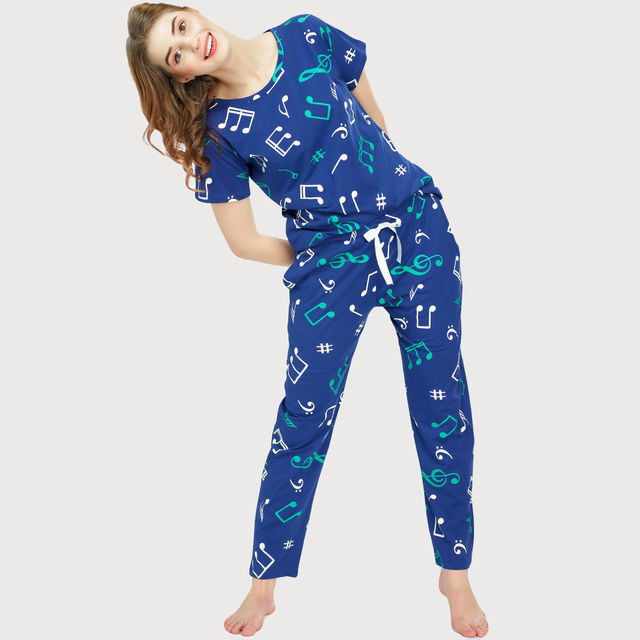 Zeyo Night Suit for Women Blue Musical Note Print Cotton Night