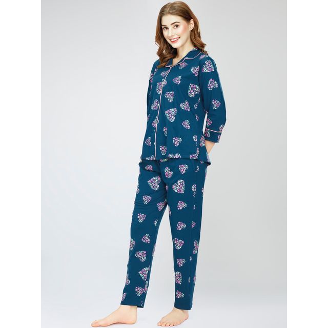 Zeyo Night Suit for Women Teal Heart Printed Cotton Night Dress | Shirt & Pajama Set 5758-TB- XXL