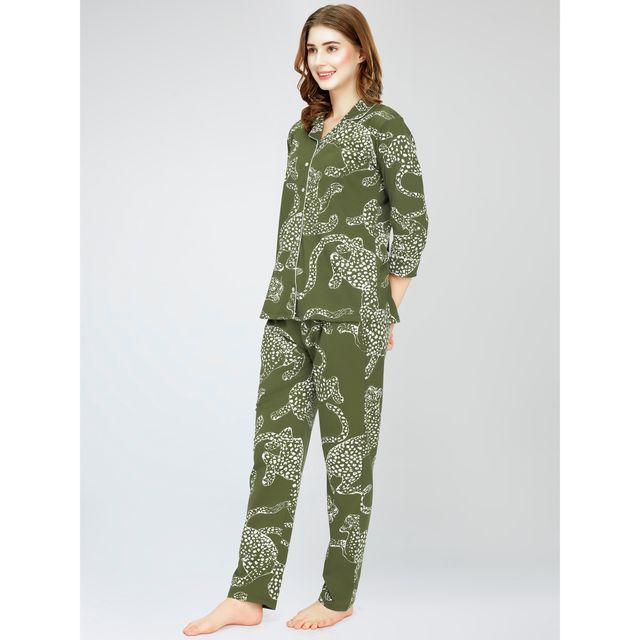 Zeyo Night Suit for Women Olive Leopard Printed Cotton Night Dress | Shirt & Pajama Set 5765-OL- L