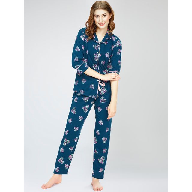 Zeyo Night Suit for Women Teal Heart Printed Cotton Night Dress | Shirt & Pajama Set 5758-TB- XXL