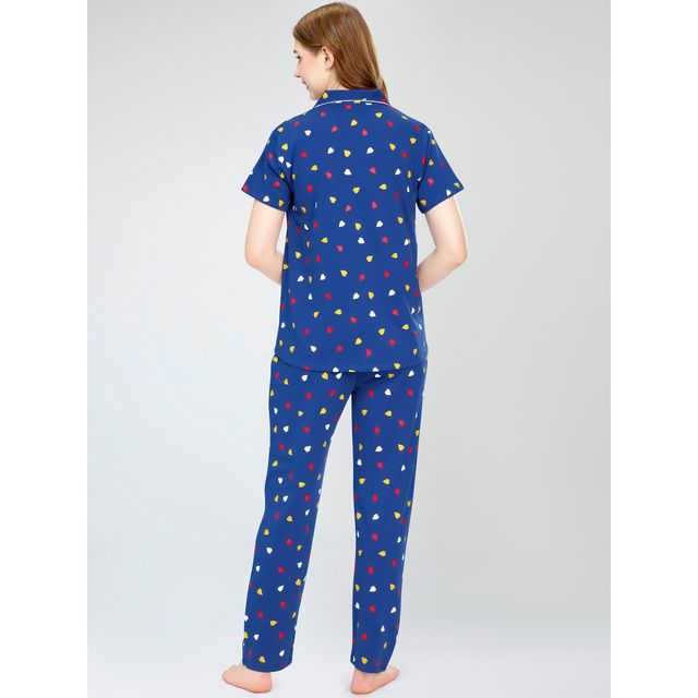 Zeyo Night Suit for Women Blue Heart Printed Cotton Night Dress | Shirt & Pajama Set 5749-BE- XL