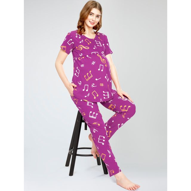 Zeyo Women Cotton Musical Notes Printed Purple Maternity Set | Top & Pyjama 5802-PP- XXL