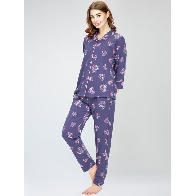 Zeyo Night Suit for Women Blue Heart Printed Cotton Night Dress | Shirt & Pajama Set 5758-BE- M