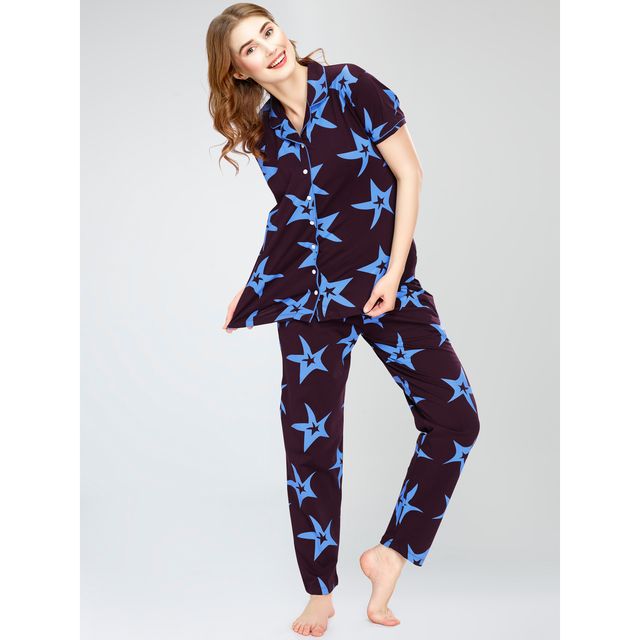 Zeyo Night Suit for Women Wine Star Printed Cotton Night Dress | Shirt & Pajama Set 5754-WN- L