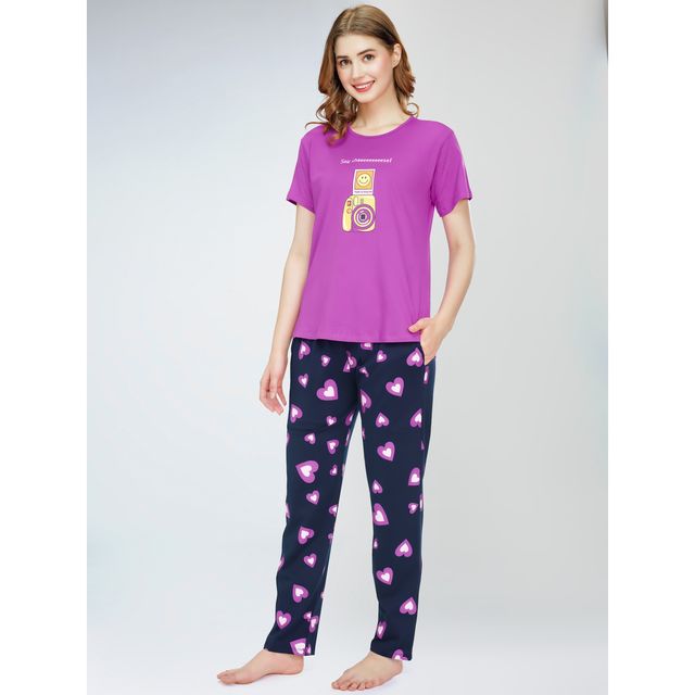 Zeyo Night Suit for Women Pink Heart Printed Cotton Night Dress of Top & Pajama Set 5771-PK- XL