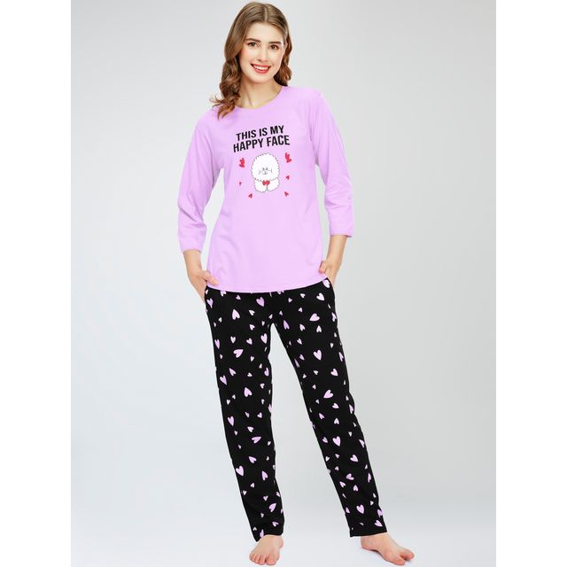 Zeyo Night Suit for Women Pink Heart Printed Cotton Night Dress of Top & Pajama Set 5783-PK- M