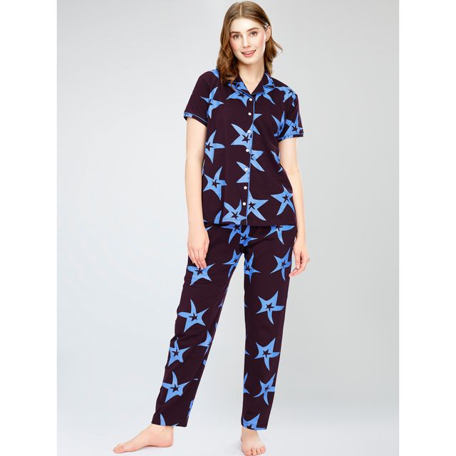 Zeyo Night Suit for Women Wine Star Printed Cotton Night Dress | Shirt & Pajama Set 5754-WN- L