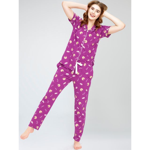 Zeyo Night Suit for Women Purple Cookies Cup Print Cotton Night Dress | Shirt-Pajama 5752-PP- XXL