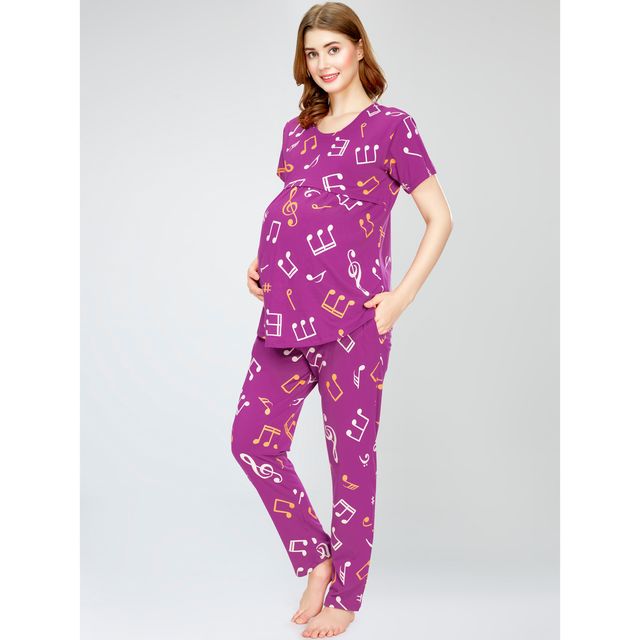 Zeyo Women Cotton Musical Notes Printed Purple Maternity Set | Top & Pyjama 5802-PP- XXL