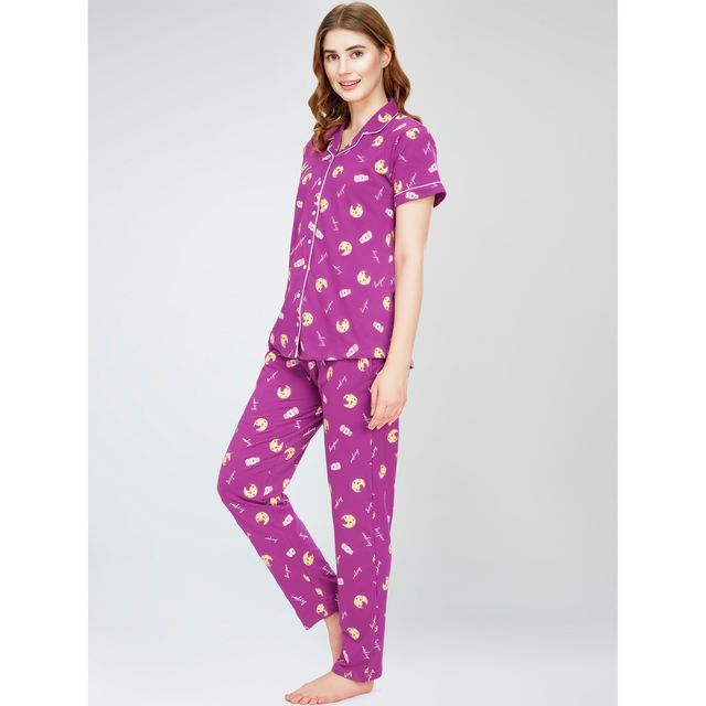 Zeyo Night Suit for Women Purple Cookies Cup Print Cotton Night Dress | Shirt-Pajama 5752-PP- XXL