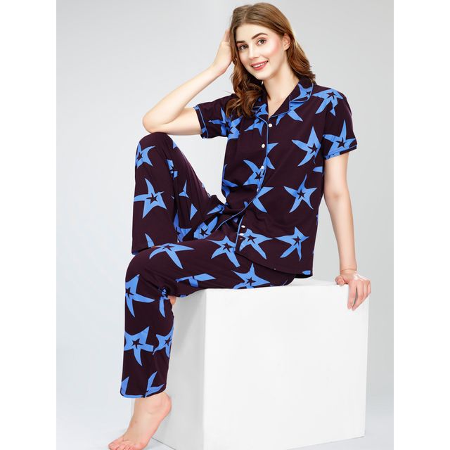 Zeyo Night Suit for Women Wine Star Printed Cotton Night Dress | Shirt & Pajama Set 5754-WN- L
