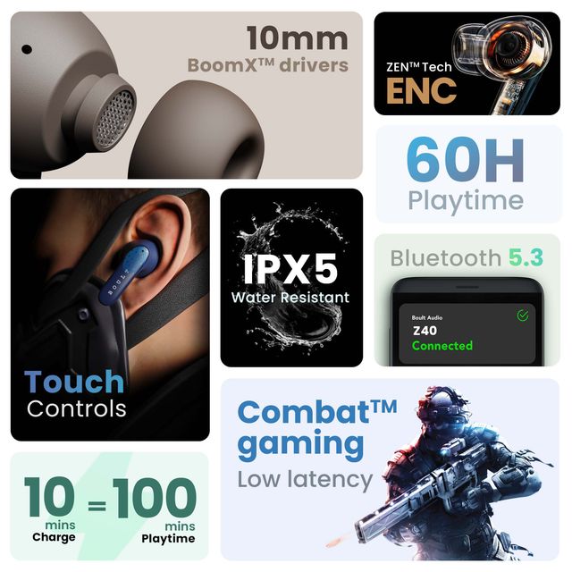 Boult X70 Zen ENC Mic | 60H Battery | Low Latency Gaming | 5.3 Bluetooth Headset | Blue | In Ear