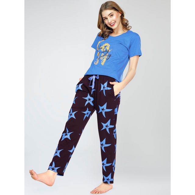 Zeyo Night Suit for Women Blue Star Printed Cotton Night Dress of Top & Pajama Set 5773-BE- XXL
