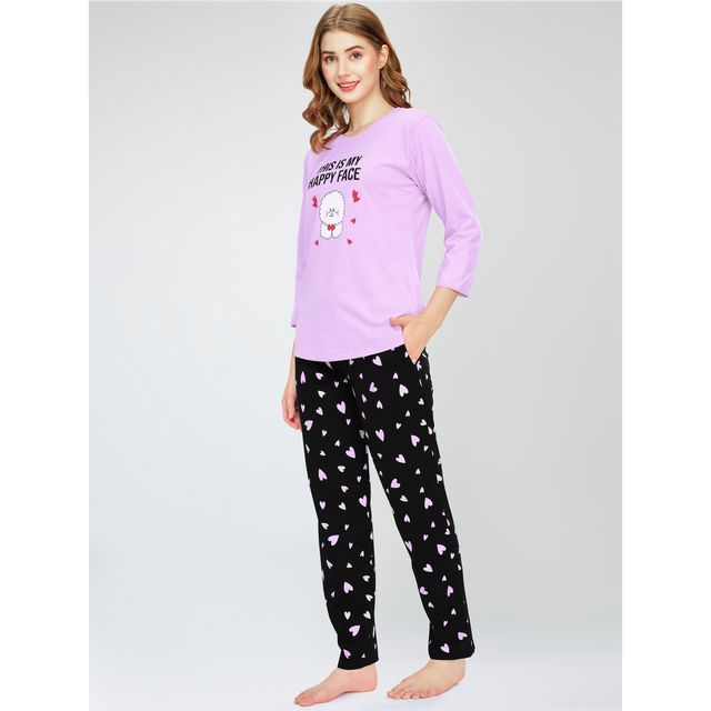 Zeyo Night Suit for Women Pink Heart Printed Cotton Night Dress of Top & Pajama Set 5783-PK- M