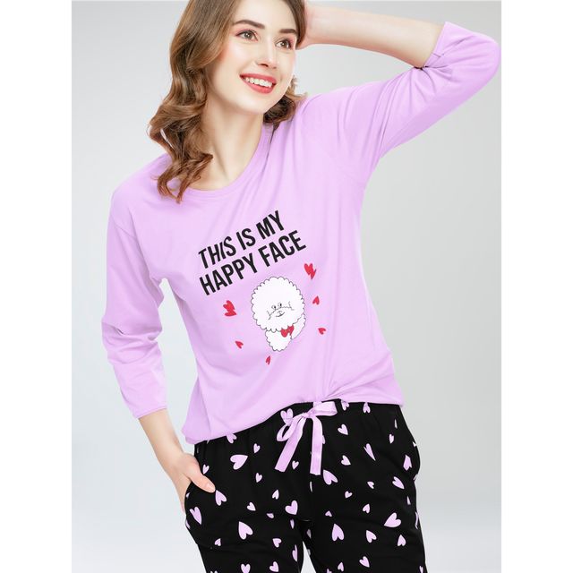 Zeyo Night Suit for Women Pink Heart Printed Cotton Night Dress of Top & Pajama Set 5783-PK- M