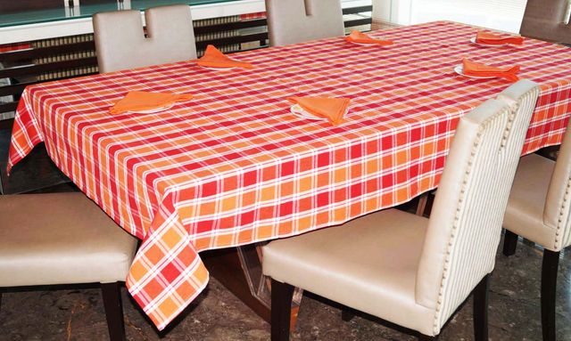 Lushomes Table Cover - Orange-Red Checks | 6 Seater Set | 1 Table Cloth | 16 x 16 inch | 7 pcs
