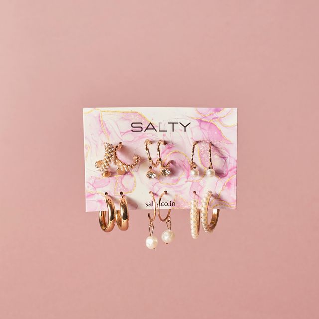 Salty Fashion Set of 9 Gold Chunky Real Freshwater Pearl Hoops and Studs for Women