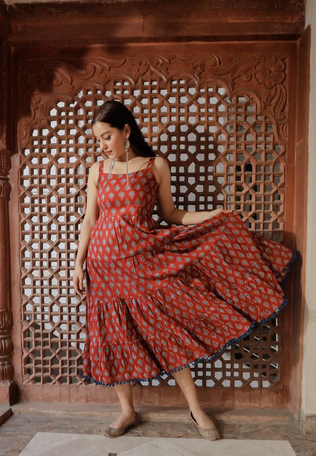 Divena Women s Maroon Buti Printed Shoulder Strip Long Dress | DK0717 | XL