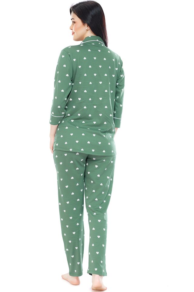 Zeyo Women's Cotton Heart Printed Green Night Suit Set of Shirt & Pyjama | 5274-S