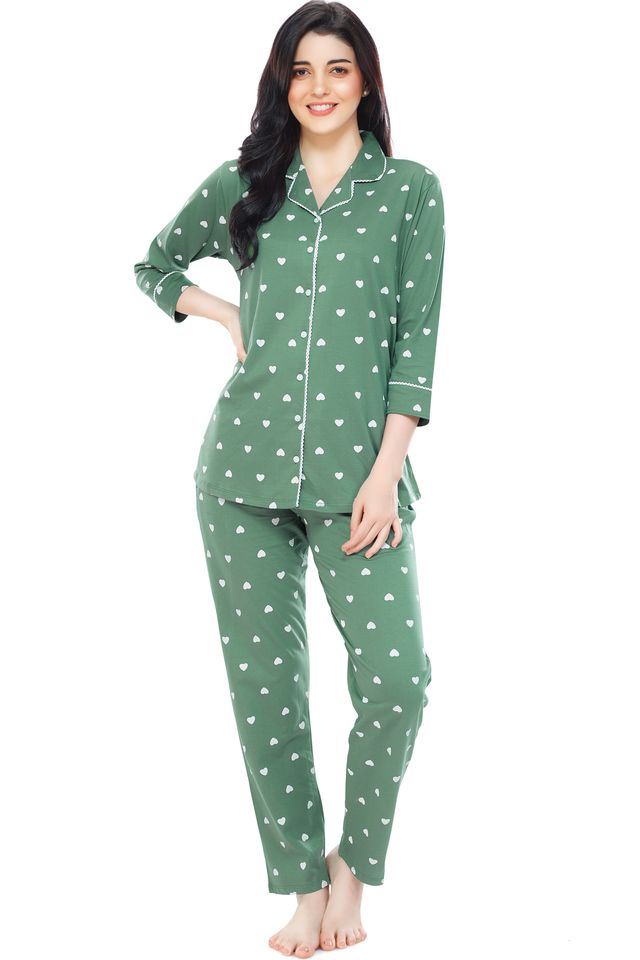 Zeyo Women's Cotton Heart Printed Green Night Suit Set of Shirt & Pyjama | 5274-S