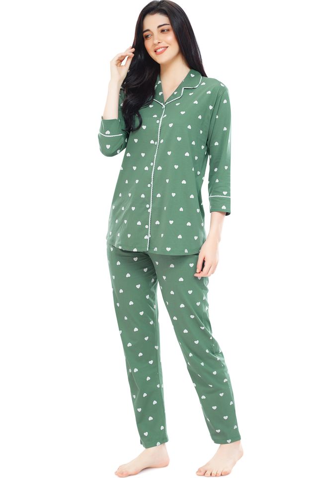 Zeyo Women's Cotton Heart Printed Green Night Suit Set of Shirt & Pyjama | 5274-S