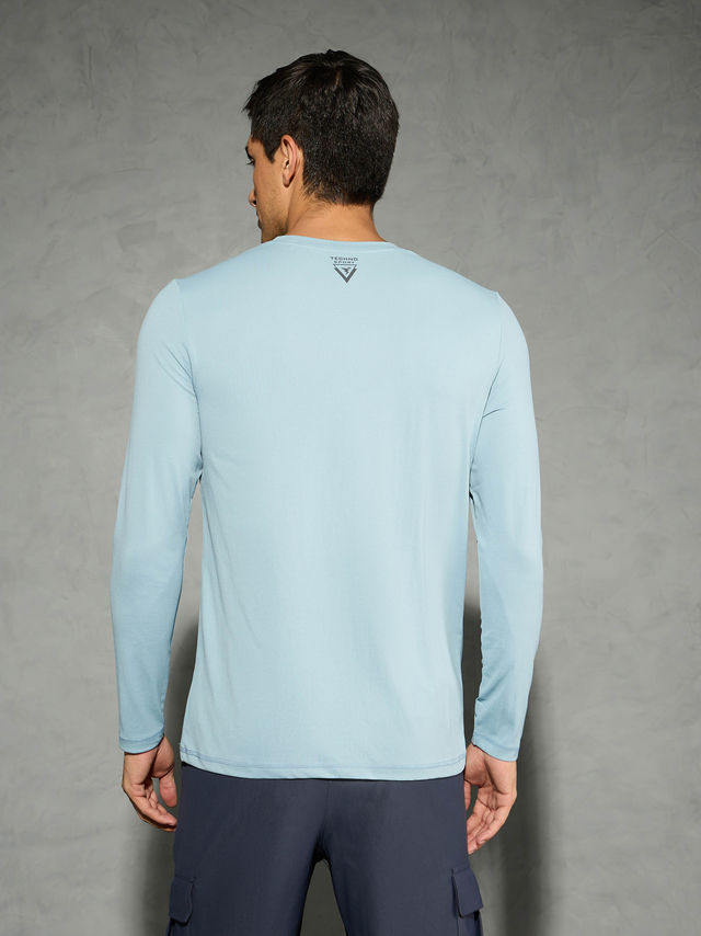 Technosport Men's Poly Solid Slim Fit Round Neck Full Sleeve Sports T-shirt | Smoke Blue - L