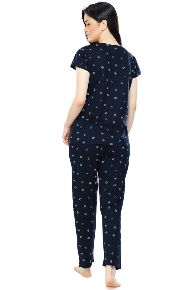 Zeyo Women's Cotton Printed Navy Blue Night Suit Set of Top & Pyjama | 5304-M