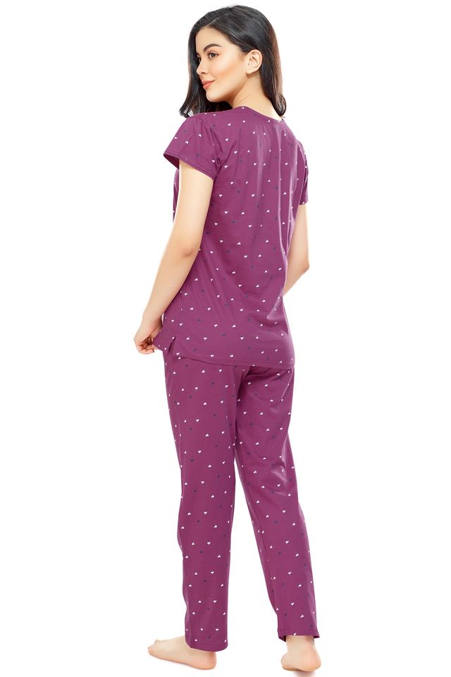 Zeyo Women's Cotton Heart Printed Plum Red Night Suit Set of Top & Pyjama | 5302-XXL