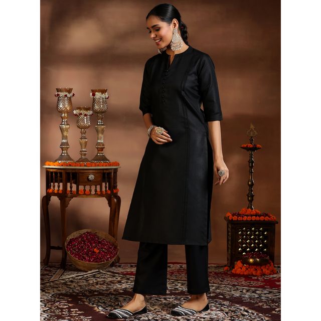 Libas Women's Solid Cotton Blend Straight Kurta with Trousers & Dupatta | 39042 39042 | Black - S
