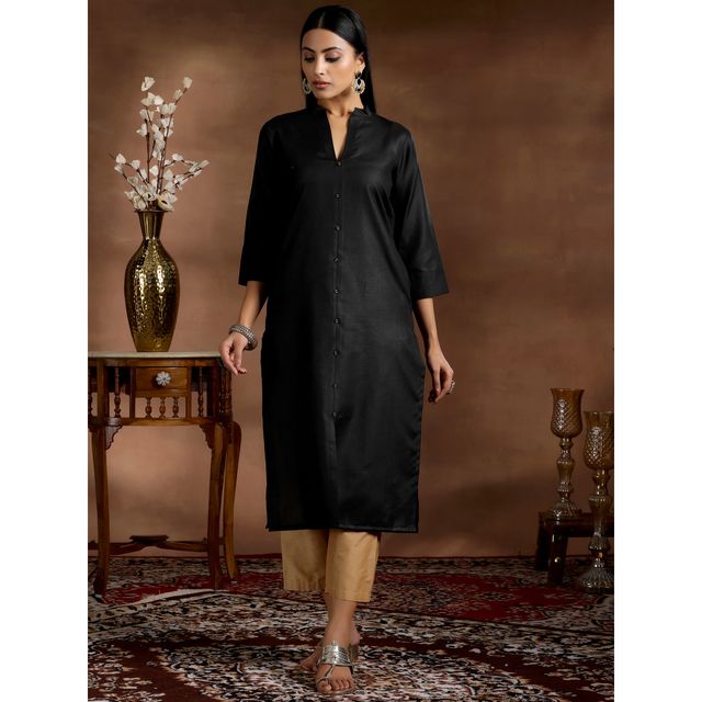 Libas Women's Solid Cotton Blend Straight Kurta | 29271 29271 | Black - M