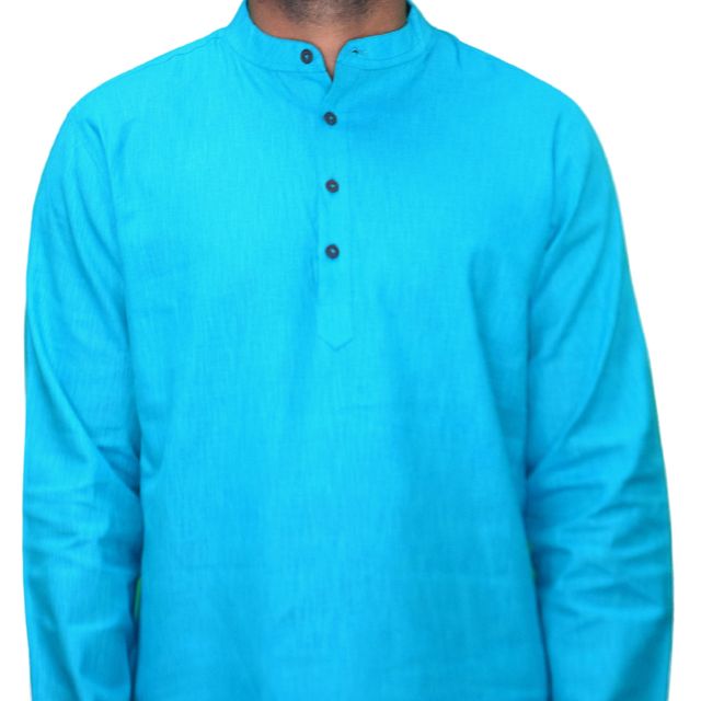 EQL Men's Cotton Linen Button Placket Long Kurta for Men | Turquoise Blue - XL