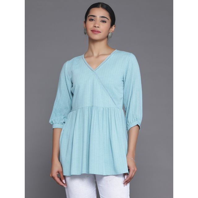 Libas Women's Blue Woven Design Cotton Blend A-Line Kurti | 26904 - XL