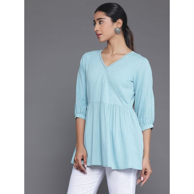 Libas Women's Blue Woven Design Cotton Blend A-Line Kurti | 26904 - XL