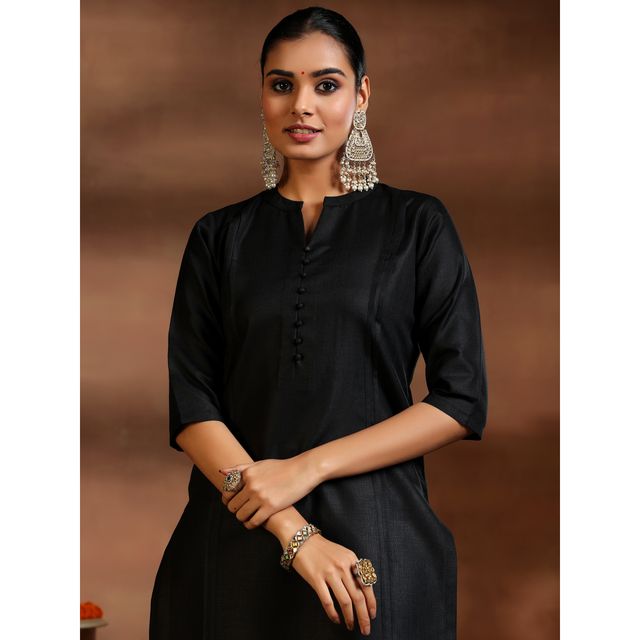 Libas Women's Solid Cotton Blend Straight Kurta with Trousers & Dupatta | 39042 39042 | Black - S