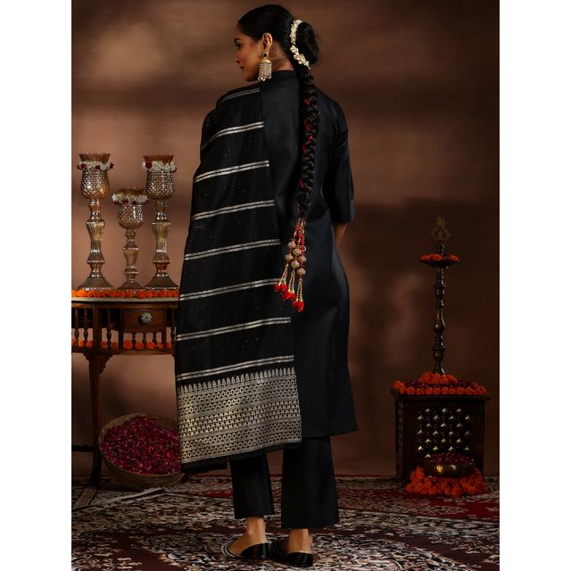 Libas Women's Solid Cotton Blend Straight Kurta with Trousers & Dupatta | 39047 39047 | Black - M