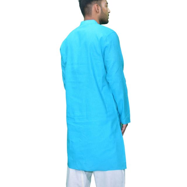 EQL Men's Cotton Linen Button Placket Long Kurta for Men | Turquoise Blue - XL
