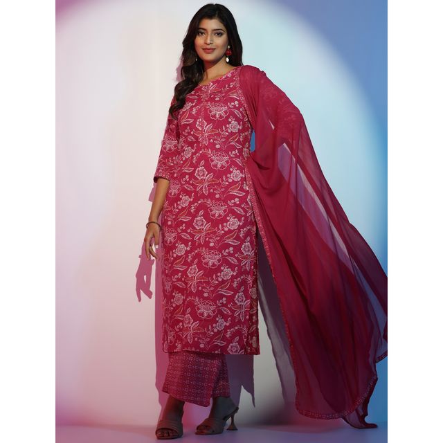 Libas Women's Printed Cotton Straight Kurta with Palazzo & Dupatta | 36751O 36751OM | Pink - M