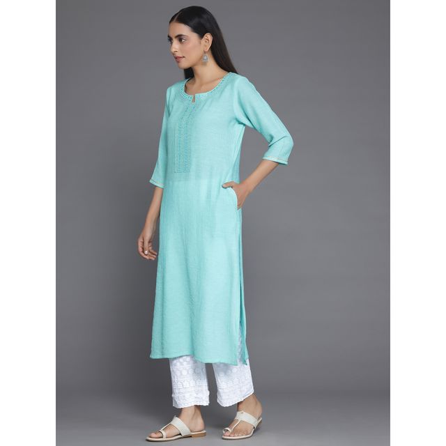 Libas Women's Blue Yoke Design Cotton Straight Kurta | 26815 - S