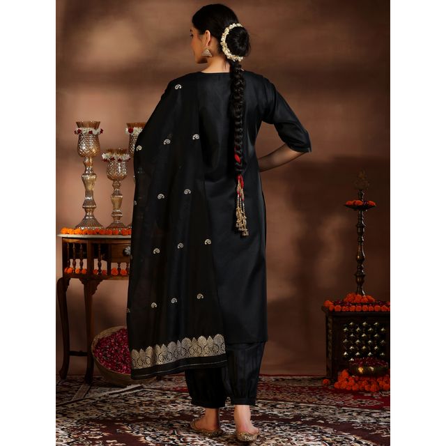Libas Women's Solid Cotton Blend Straight Kurta with Salwar & Dupatta | 39052 39052 | Black - XL