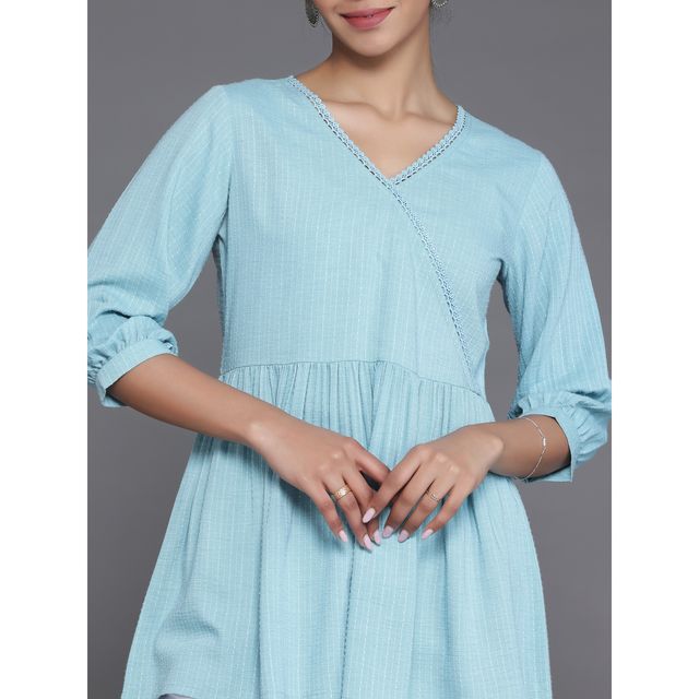 Libas Women's Blue Woven Design Cotton Blend A-Line Kurti | 26904 - XL