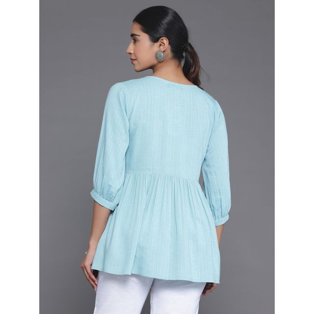 Libas Women's Blue Woven Design Cotton Blend A-Line Kurti | 26904 - XL