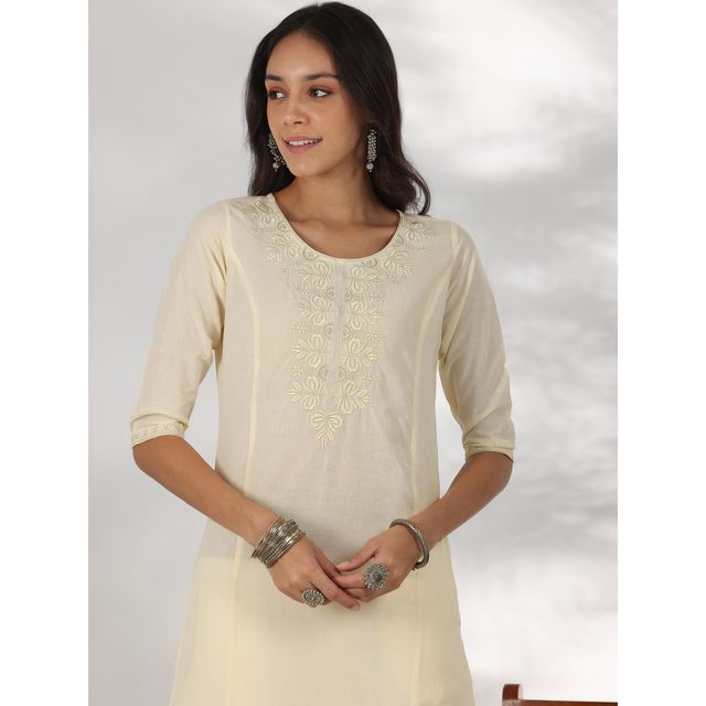 Libas Women's Yoke Design Cotton Straight Kurta | 37221 37221 | Off White - M